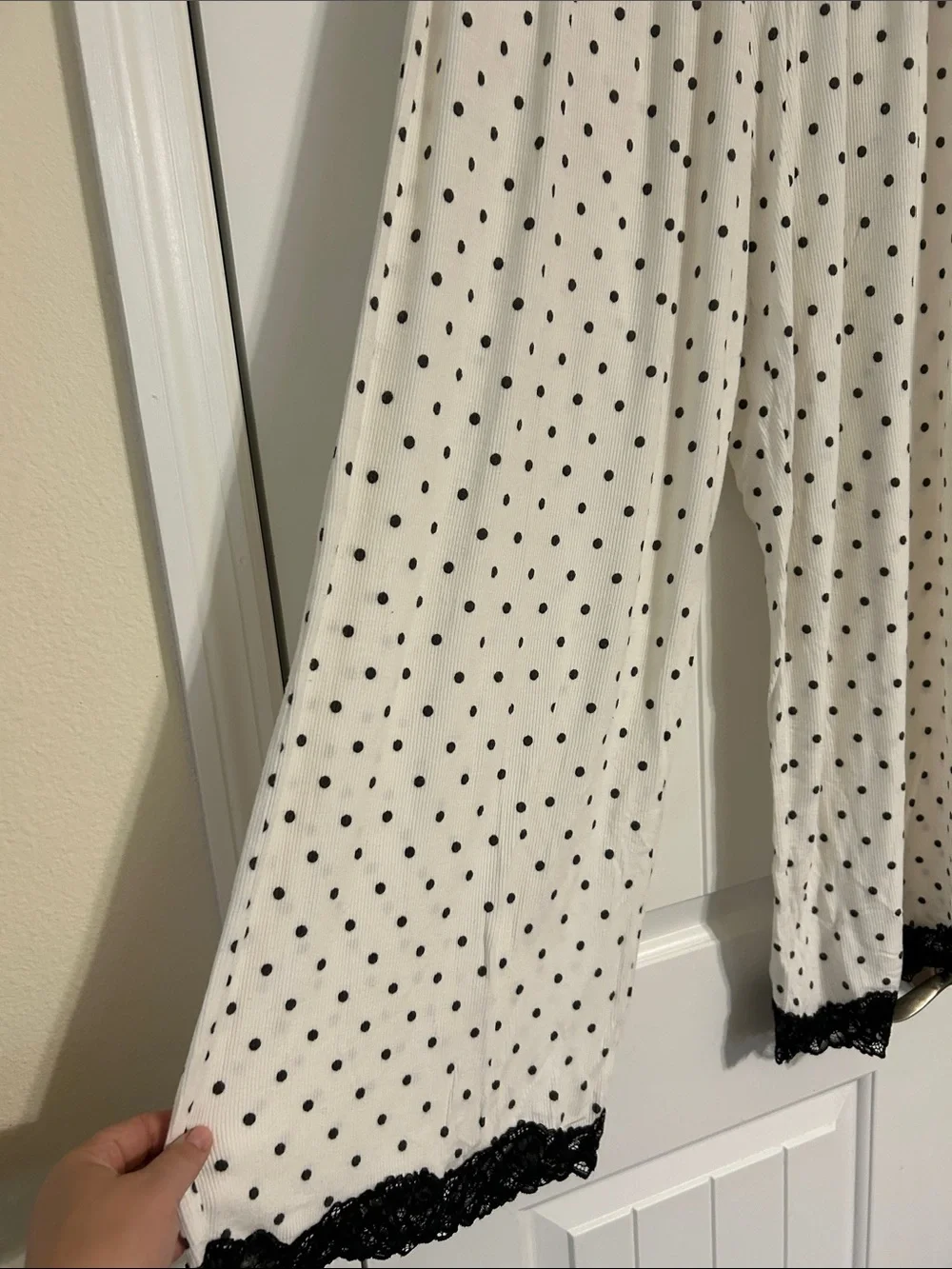 aerie Cream Polka Dot Wide-Leg Pajama Pants with Black Lace Hem